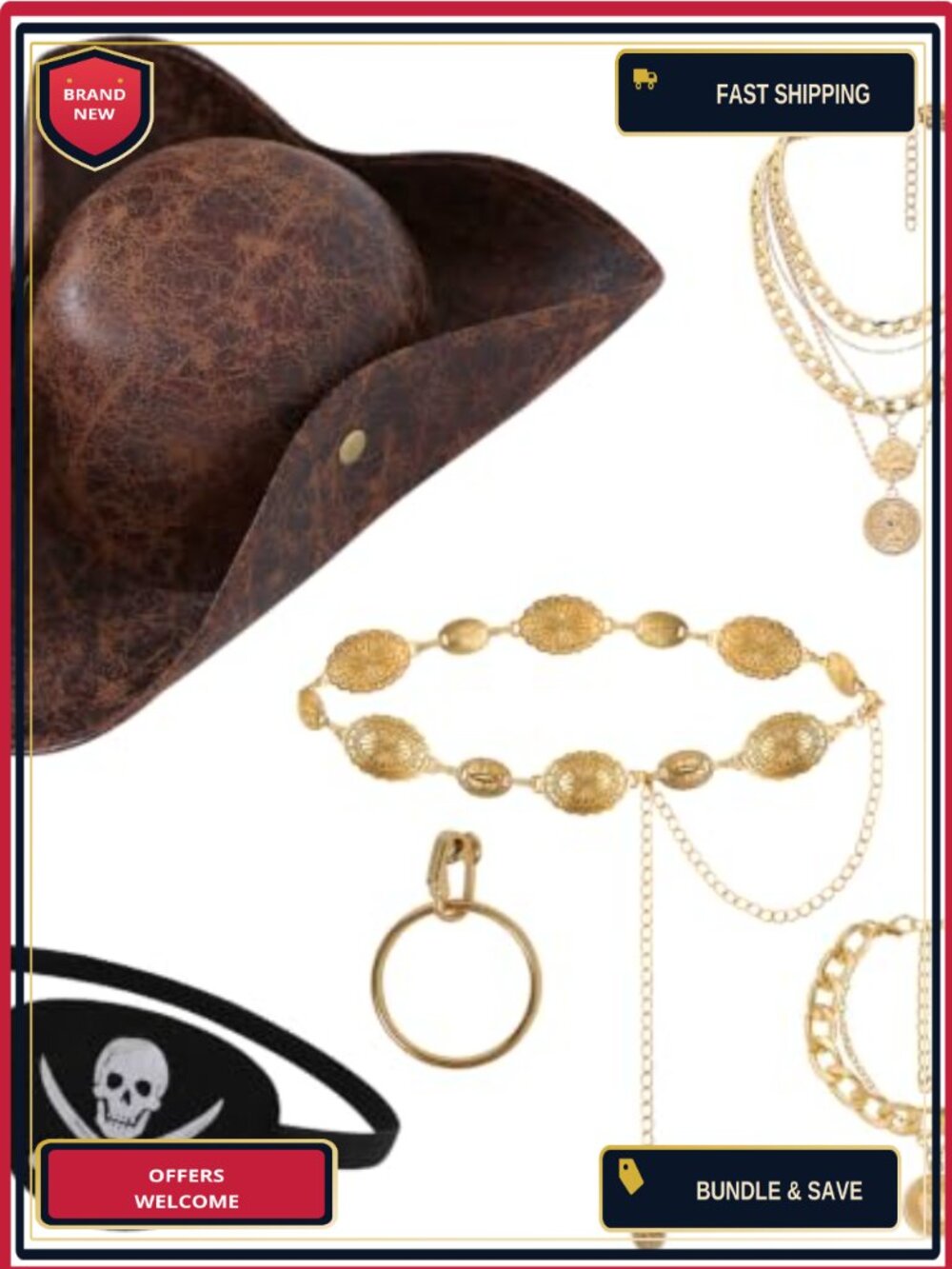 Womens Pirate Costume Accessory Set Faux Leather Hat Waist Chain 6 Pc